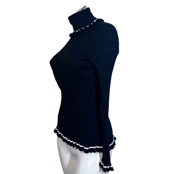 KATE SPADE Black Ribbed Turtleneck With White Ruffled Trim Women's Size M - Picture 10 of 12